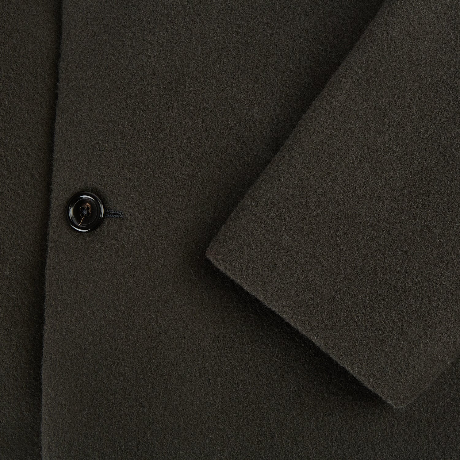 Image 4 of product The Turnbull & Asser Olive Brown Apsley Single-Breasted Caban Coat for men features three buttons, notched lapels, and three front pockets, shown against a plain white background.