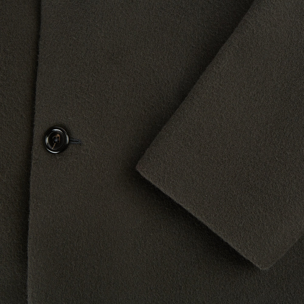 The Turnbull & Asser Olive Brown Apsley Single-Breasted Caban Coat for men features three buttons, notched lapels, and three front pockets, shown against a plain white background.
