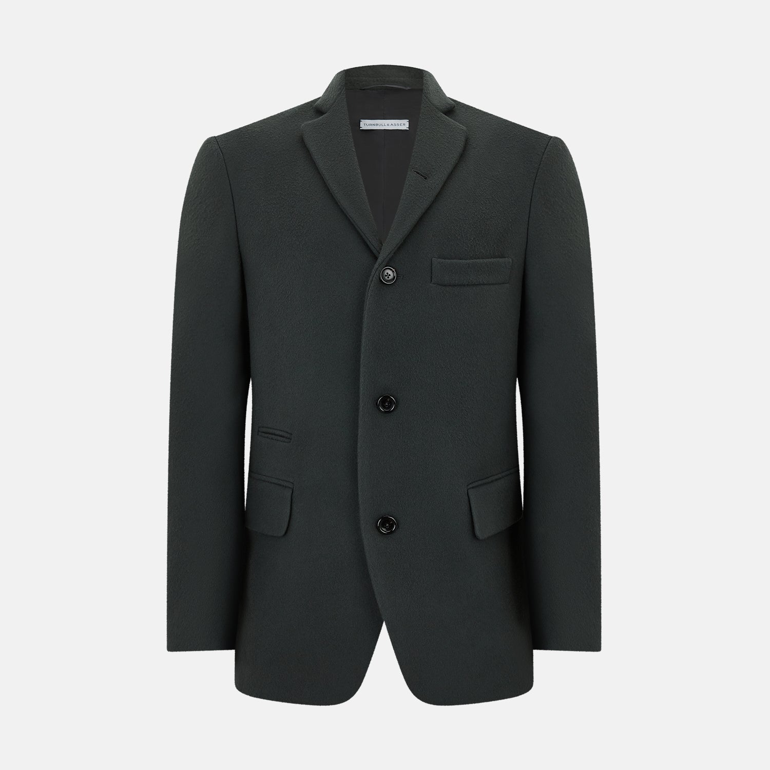 View 1 of product The Turnbull & Asser Moss Green Apsley Single-Breasted Caban Coat, featuring three buttons, a notched lapel, and three front pockets, is showcased on a plain white background.