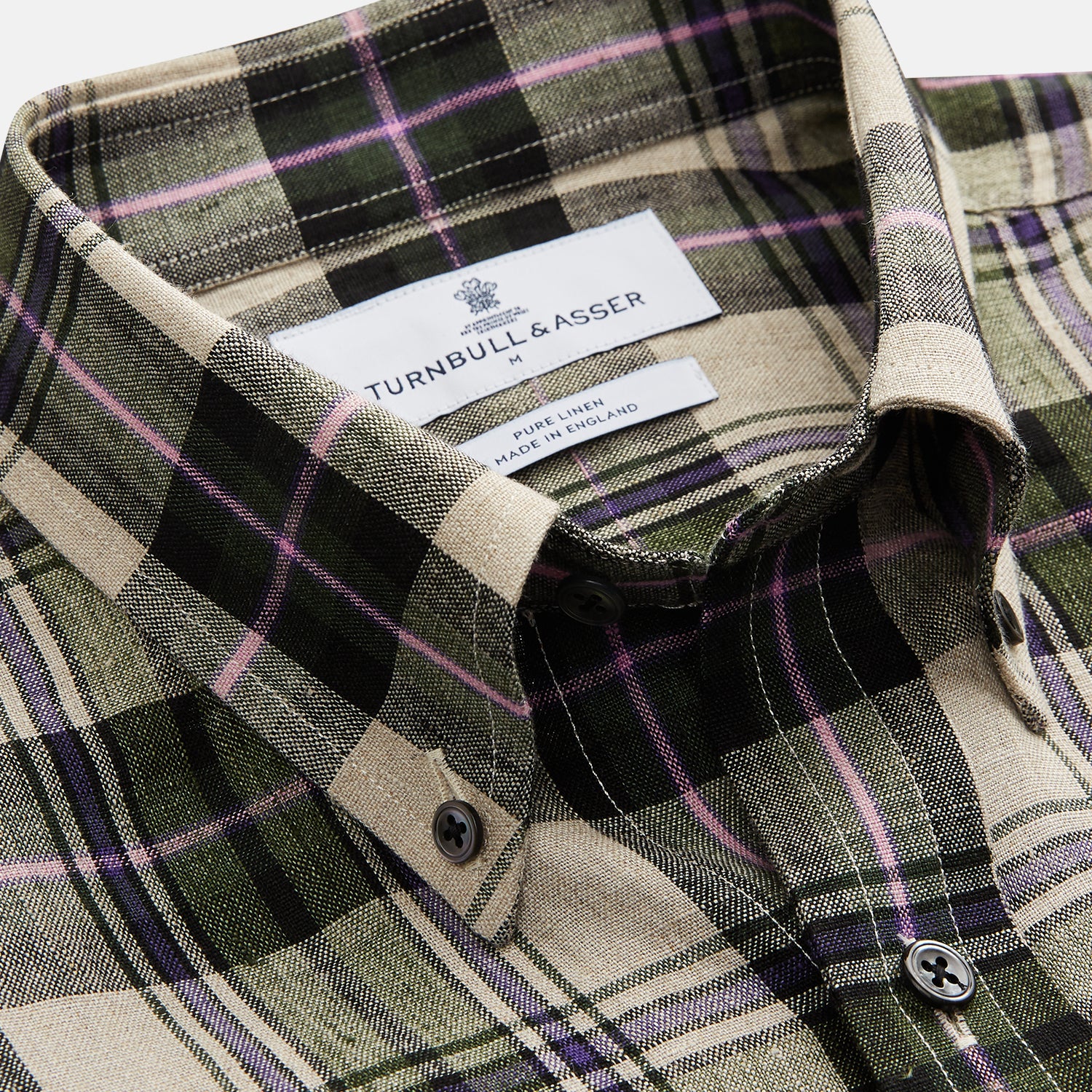 View 3 of product Turnbull & Asser Green & Purple Check Weekend Fit Linen Shirt with Dorset collar and 1-button cuffs, shown flat on a white background.