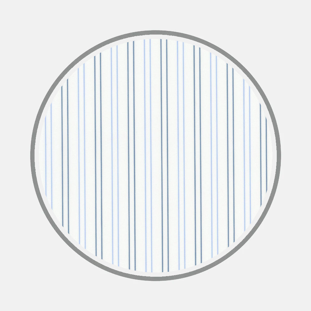 A gray-outlined circle features evenly spaced, parallel vertical lines in light and dark blue on white, echoing classic bespoke shirt patterns—an elegant design from Turnbull & Asser's Bespoke Fabric 1035 05.