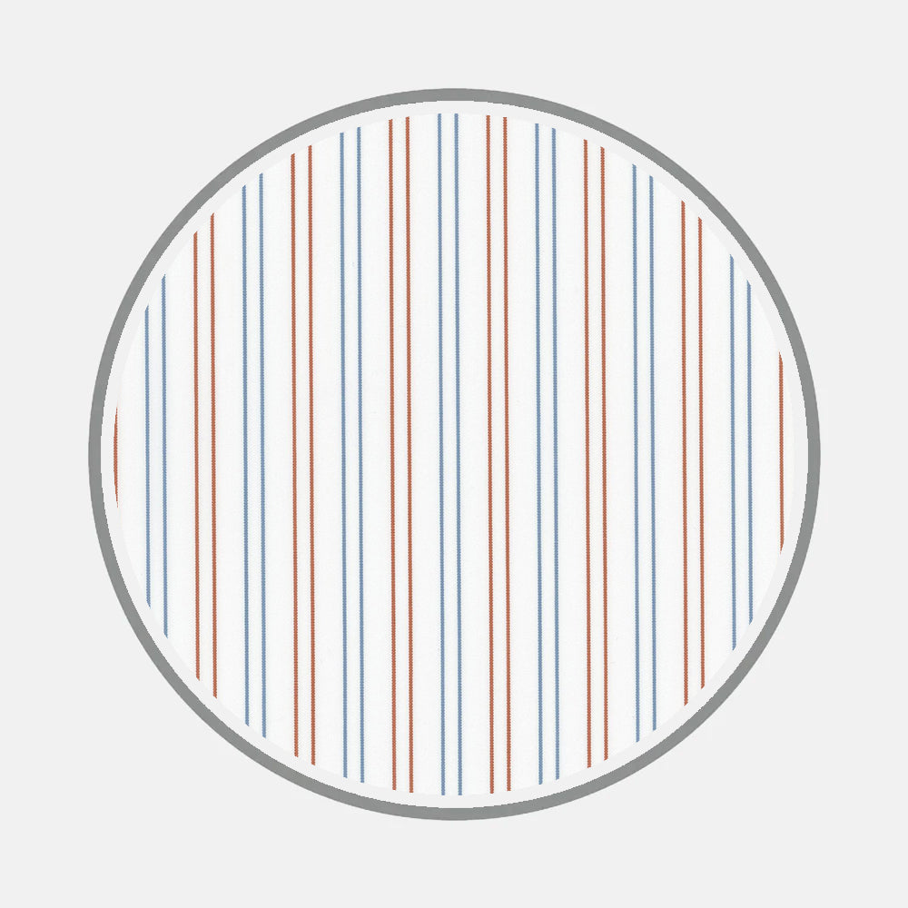 Turnbull & Asser's Bespoke Fabric 1035 28 features a circular pattern of alternating thin red and blue vertical lines on white, bordered by a thick gray outline—ideal for custom or monogrammed shirts.