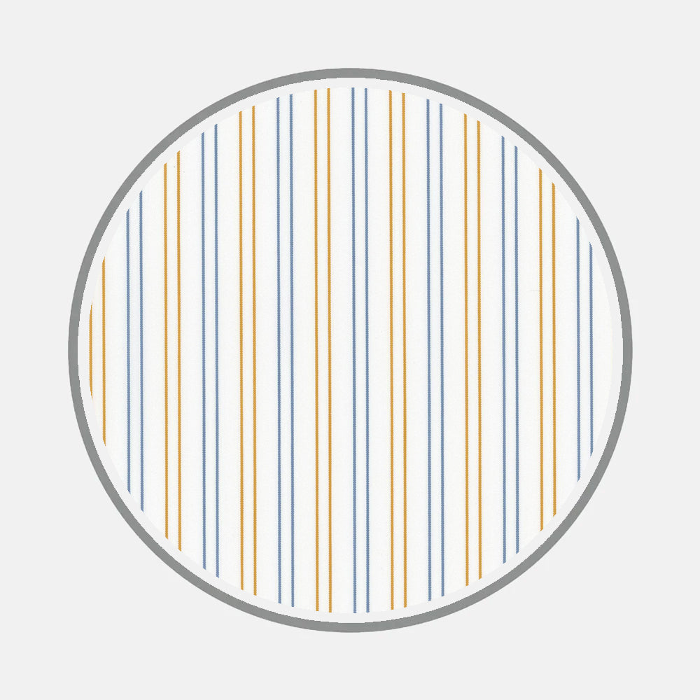 A circle with a gray border displays evenly spaced, alternating orange and blue vertical lines on white, evoking classic bespoke shirt patterns from Turnbull & Asser's Bespoke Fabric 1035 35 collection.