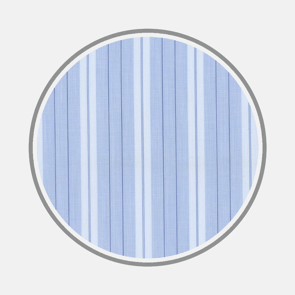 Close-up of Bespoke Fabric 1036 06 by Turnbull & Asser: light blue and white vertical stripes, shown in a circular frame on white—a classic choice for custom shirts.