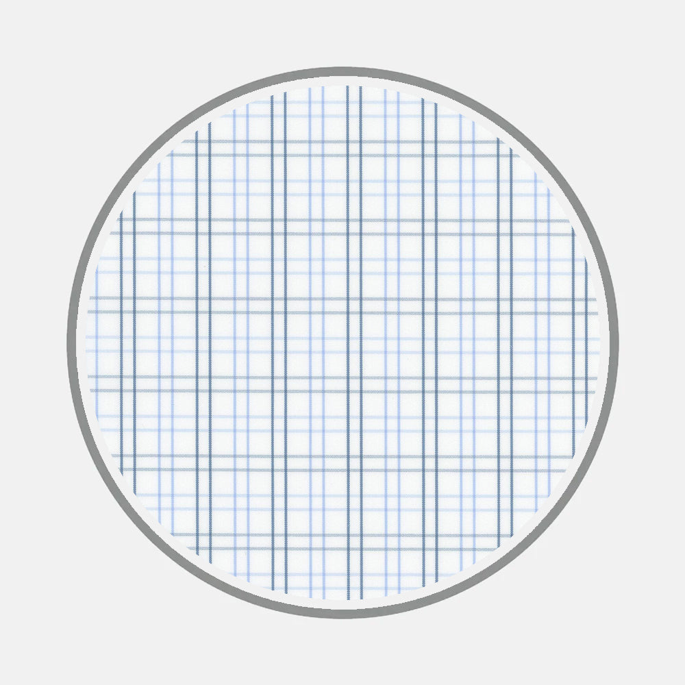 A circular sample of Bespoke Fabric 1037 46 by Turnbull & Asser features a grid of intersecting blue and gray lines forming small squares, bordered by a gray ring—evoking the intricate style of custom shirt patterns.
