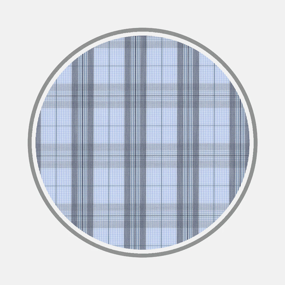 A circular swatch of Turnbull & Asser's Bespoke Fabric 1041 25 displays light blue plaid with navy and gray intersecting lines in a classic tartan pattern, set against a white background with a subtle gray border.