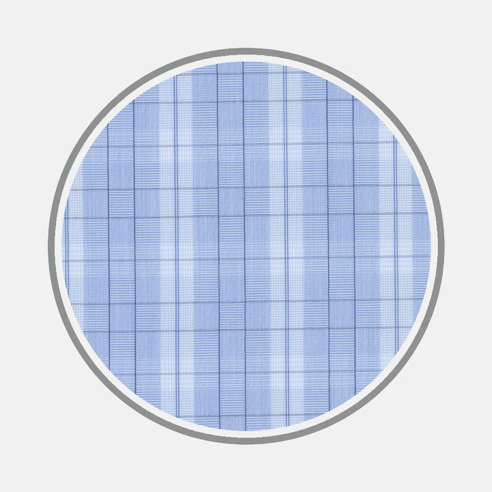 Circular swatch of Turnbull & Asser Bespoke Fabric 1044 06 in light blue plaid with thin white and blue intersecting lines, ideal for custom shirts, displayed on a plain white background.