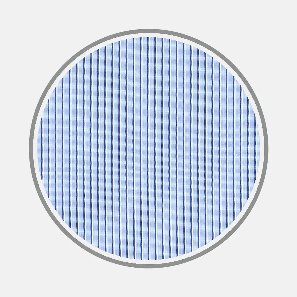A circular swatch of Turnbull & Asser's Bespoke Fabric 1048 05 shows thin blue and white stripes with a gray border on a light gray background—ideal for crafting a custom shirt with your preferred monogram style.