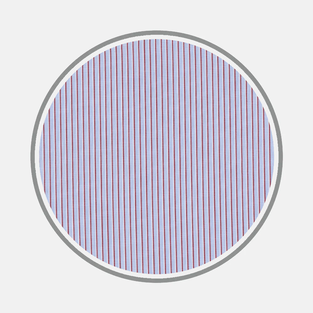 A circular close-up shows Bespoke Fabric 1048 09 by Turnbull & Asser: vertical red and white pinstripes on light blue, bordered in gray—ideal for custom shirts. Displayed against a plain light gray background.