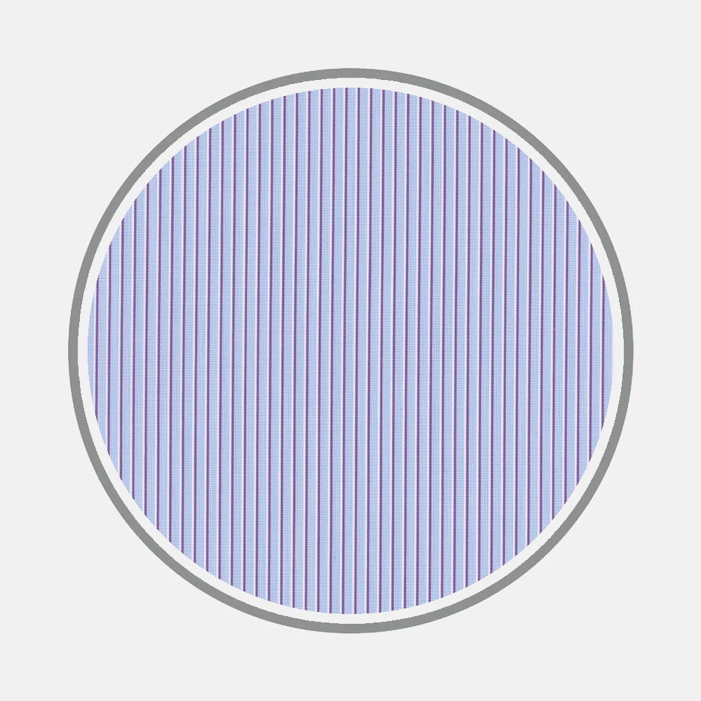 Bespoke Fabric 1048 17 by Turnbull & Asser features a circular motif with thin vertical blue and purple stripes, bordered by thick gray on a light gray background, evoking refined shirt patterns and stylish monogram designs.