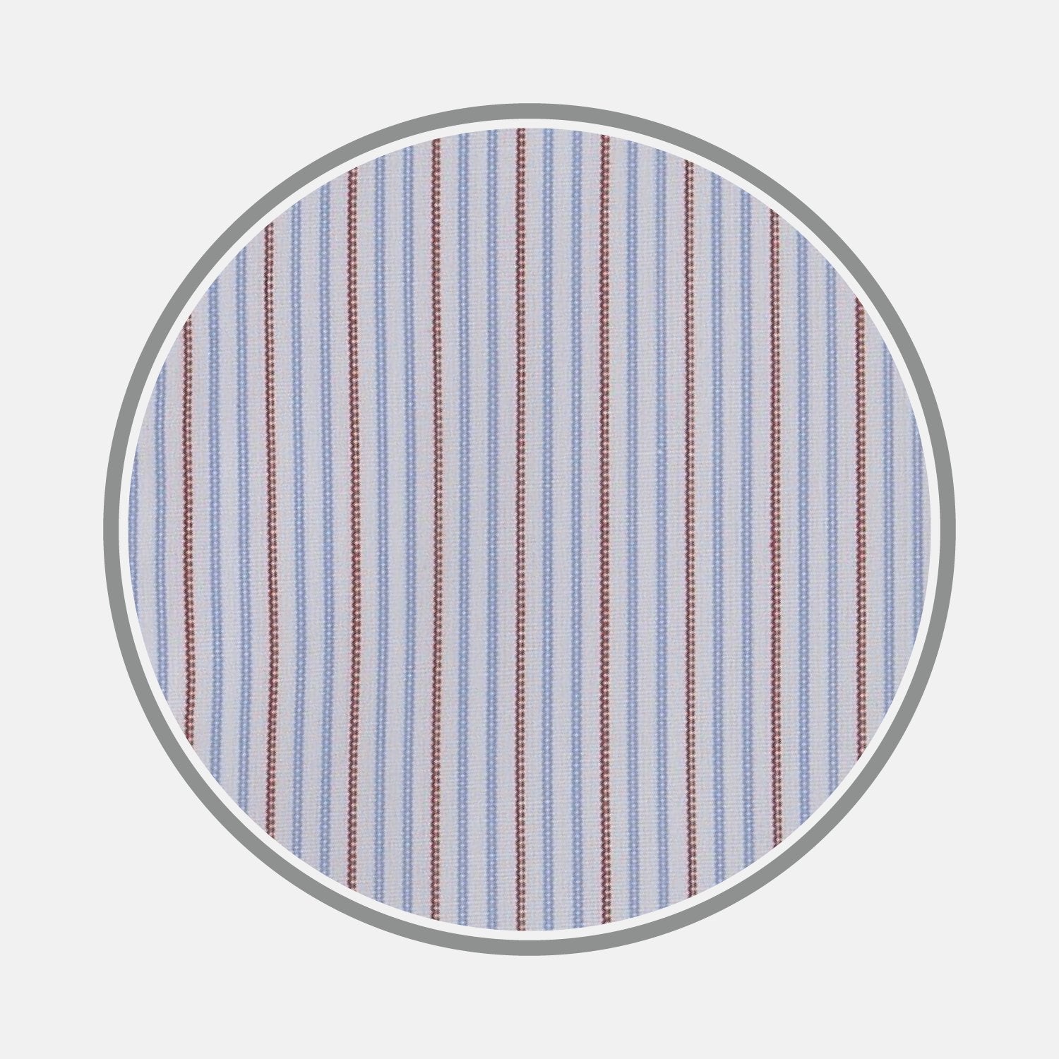 View 1 of product A close-up of Turnbull & Asser’s BESPOKE FABRIC 1058 34 shows blue, white, and red vertical stripes—perfect for a custom shirt—displayed in a circular frame on a light gray background.