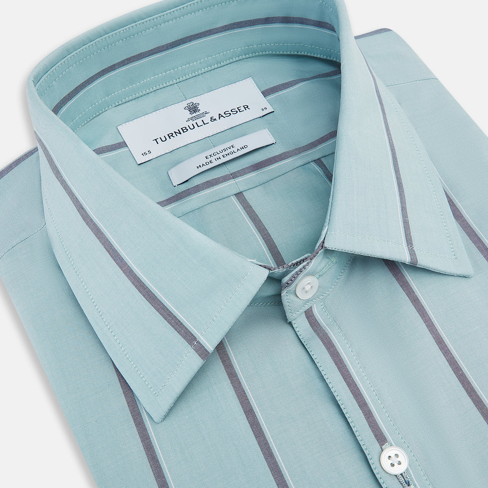 The Light Sage Track Stripe Westminster Shirt by Turnbull & Asser features a Turnbull collar, long sleeves, and vertical track stripes, shown on a white background.
