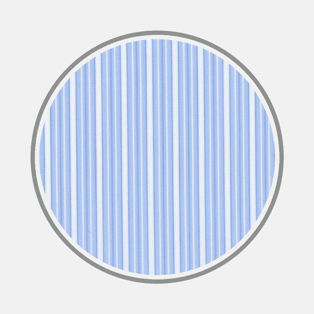 Bespoke Fabric 1067 07 by Turnbull & Asser features vertical light blue and white stripes in a circular pattern with a thick gray border on a light gray background—perfect for monograms or custom shirt design inspiration.