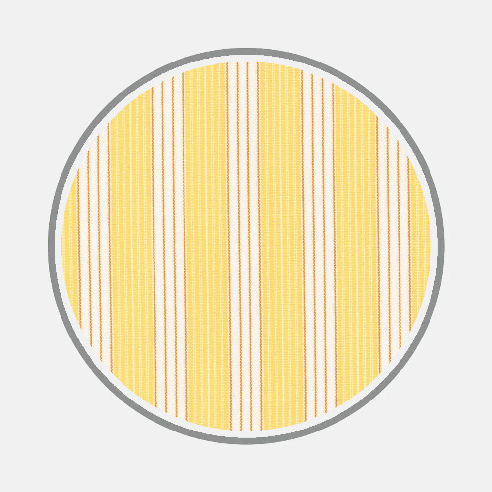 A circle with a gray outline features bespoke yellow and brown stripes of varying widths on white, evoking shirt patterns by Turnbull & Asser’s Bespoke Fabric 1070 11.