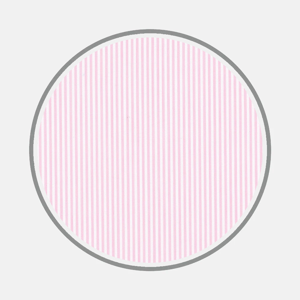 A large circle outlined in light gray, filled with vertical pink and white stripes of Bespoke Fabric 1085 16 by Turnbull & Asser—ideal for monogram accents on custom shirts, set on a crisp white background.