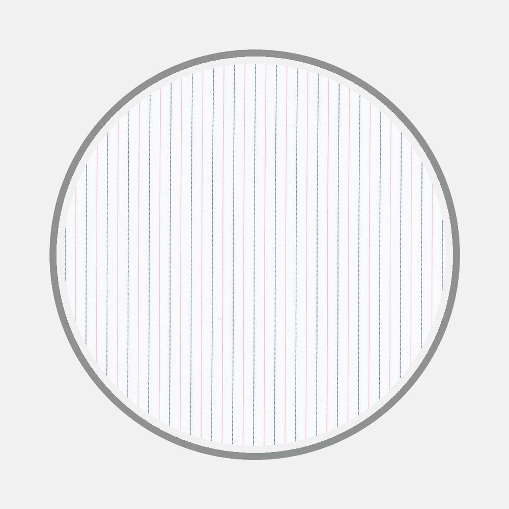 A circle with a gray border and white background, featuring evenly spaced vertical blue and red lines that evoke lined notebook paper—Bespoke Fabric 1089 16 by Turnbull & Asser, ideal for displaying classic monogram styles on custom shirts.