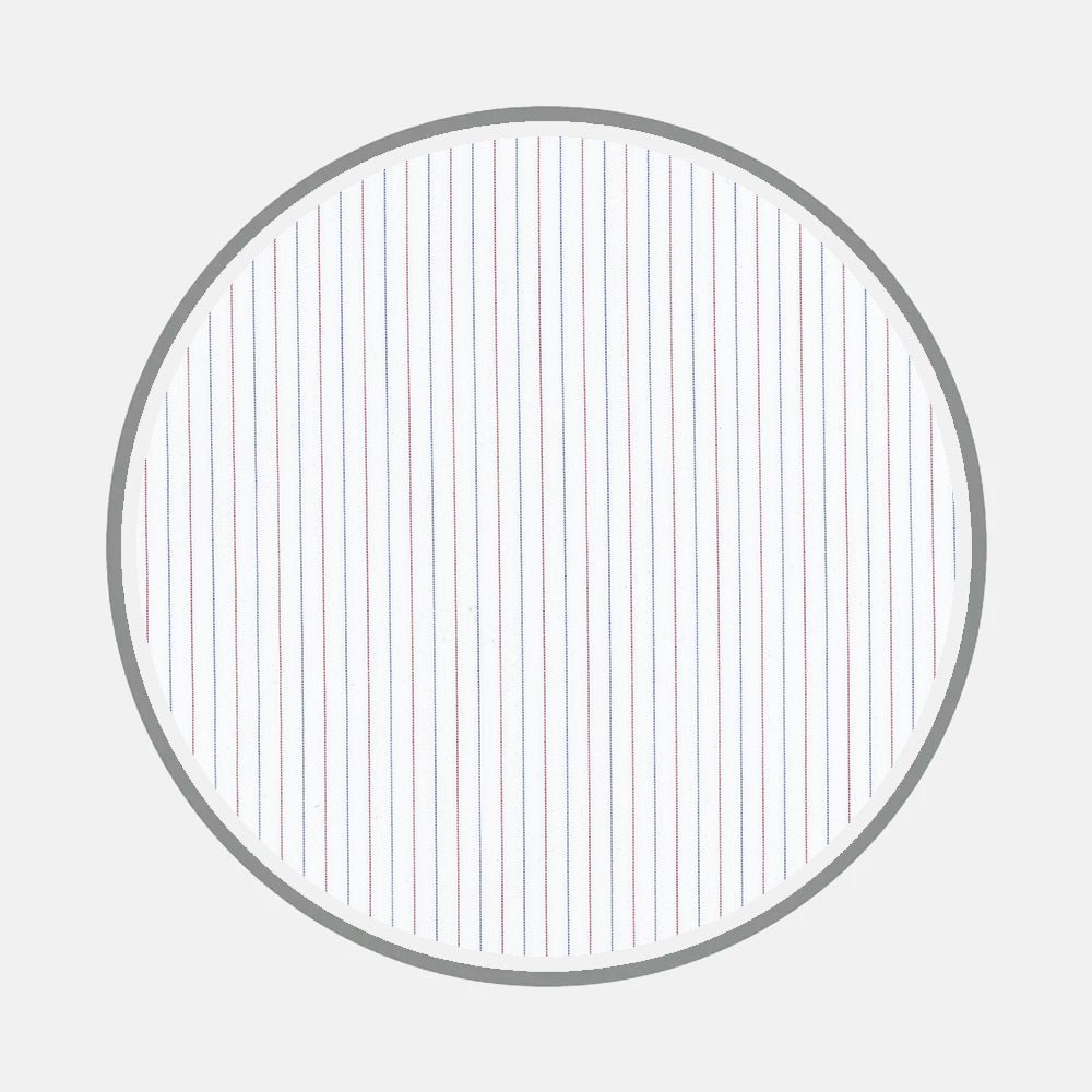 Bespoke Fabric 1089 34 by Turnbull & Asser features a round design with evenly spaced vertical blue and red lines on white, bordered by a gray circle—evoking classic monogram styles found on custom shirts.