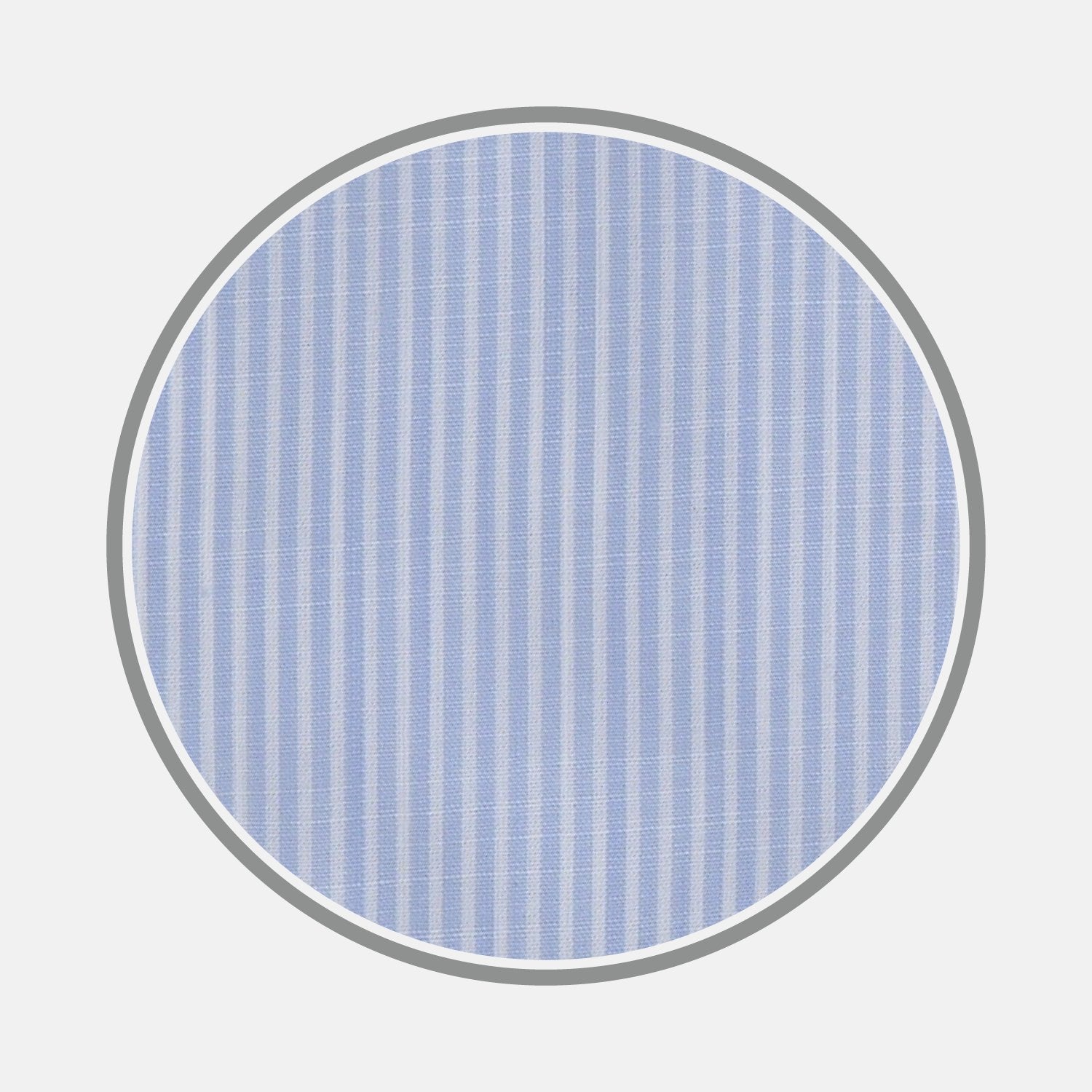 View 1 of product A circular swatch of Turnbull & Asser's BESPOKE FABRIC 1095 07 shows light blue and white vertical stripes against a light grey background, with evenly spaced lines ideal for classic bespoke shirts.