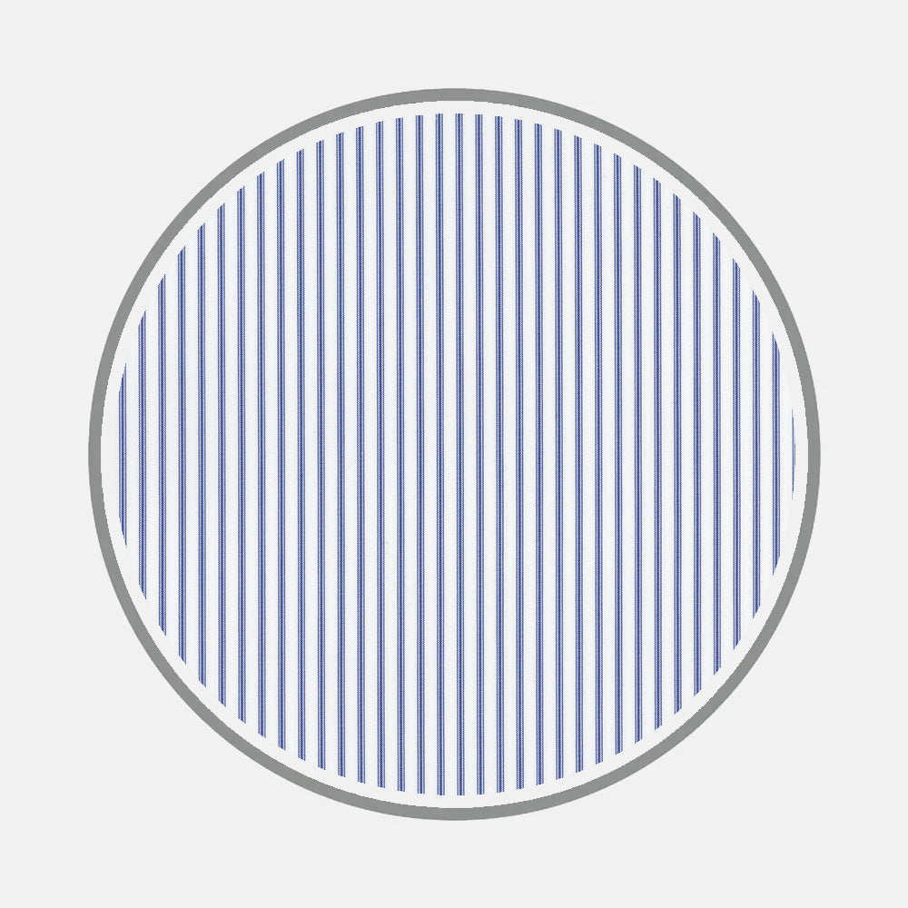 Bespoke Fabric 1099 06 by Turnbull & Asser features a simple, geometric circle with a gray border and evenly spaced vertical blue lines on white, evoking classic monogram styles seen on custom shirts.