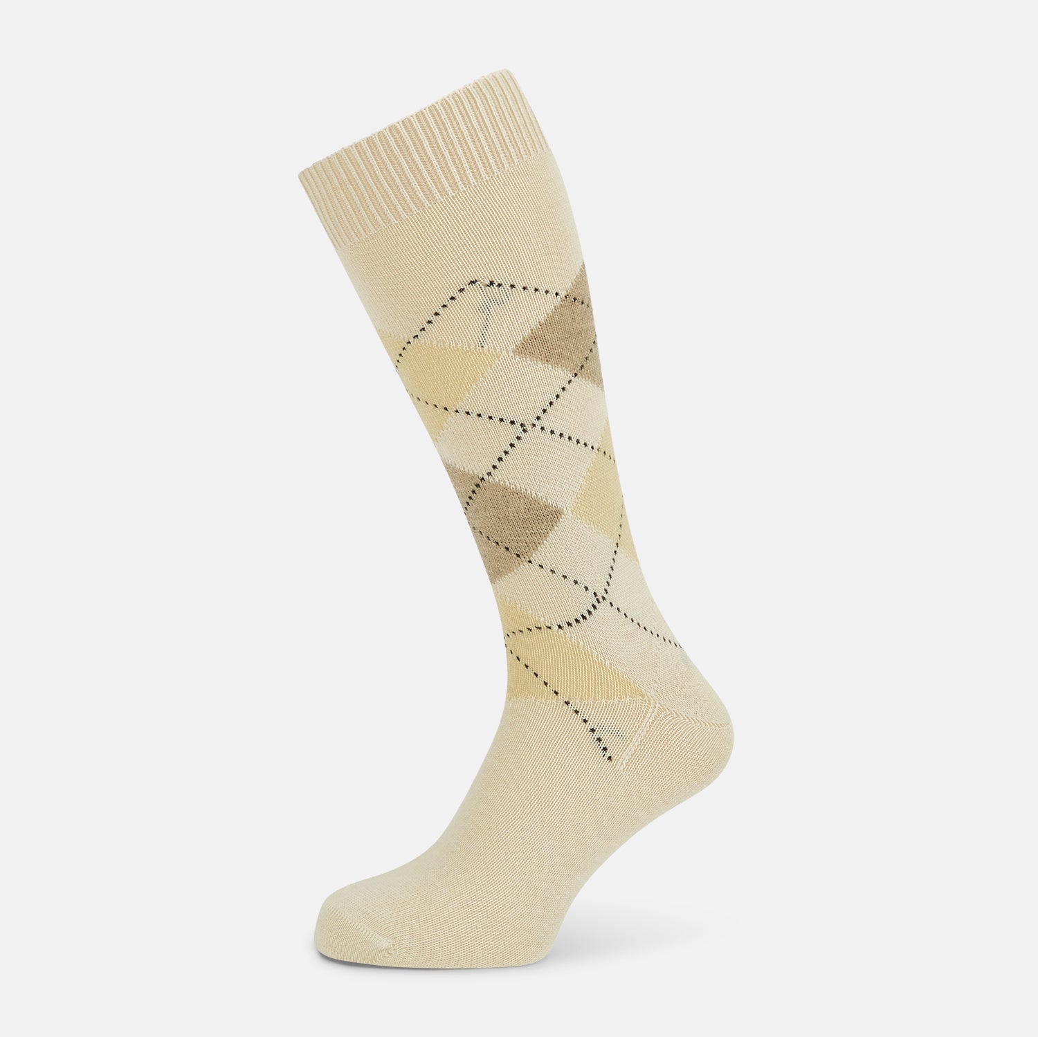 View 1 of product A single Turnbull & Asser White Wool Check Mid-Length Sock, featuring a subtle check pattern in tan, cream, and light brown shades, is displayed on a plain white background.