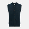 View 1 of product The Turnbull & Asser Dark Green Melange Cashmere Sleeveless Cardigan features ribbed edges, two front pockets, and a round neckline, presented against a plain white background.