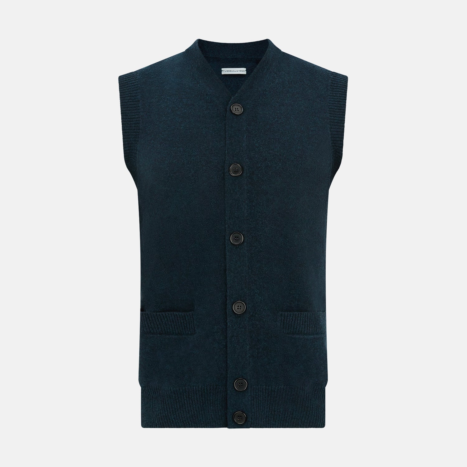 View 1 of product The Turnbull & Asser Dark Green Melange Cashmere Sleeveless Cardigan features ribbed edges, two front pockets, and a round neckline, presented against a plain white background.