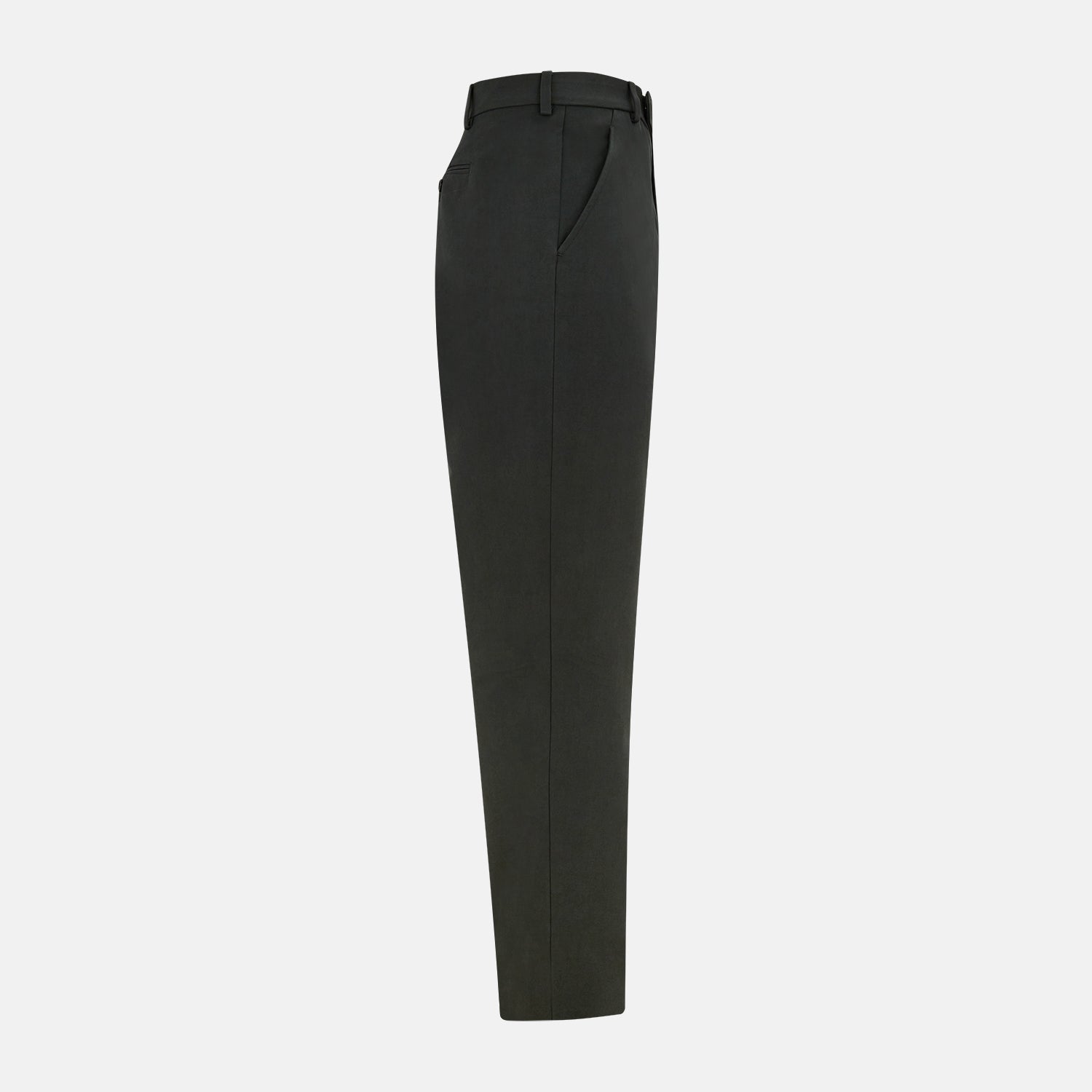 View 4 of product The Forest Green Henry B Trousers by Turnbull & Asser feature a minimalist straight-leg design in a wool/cashmere blend with belt loops and button closure, shown against a plain white background.