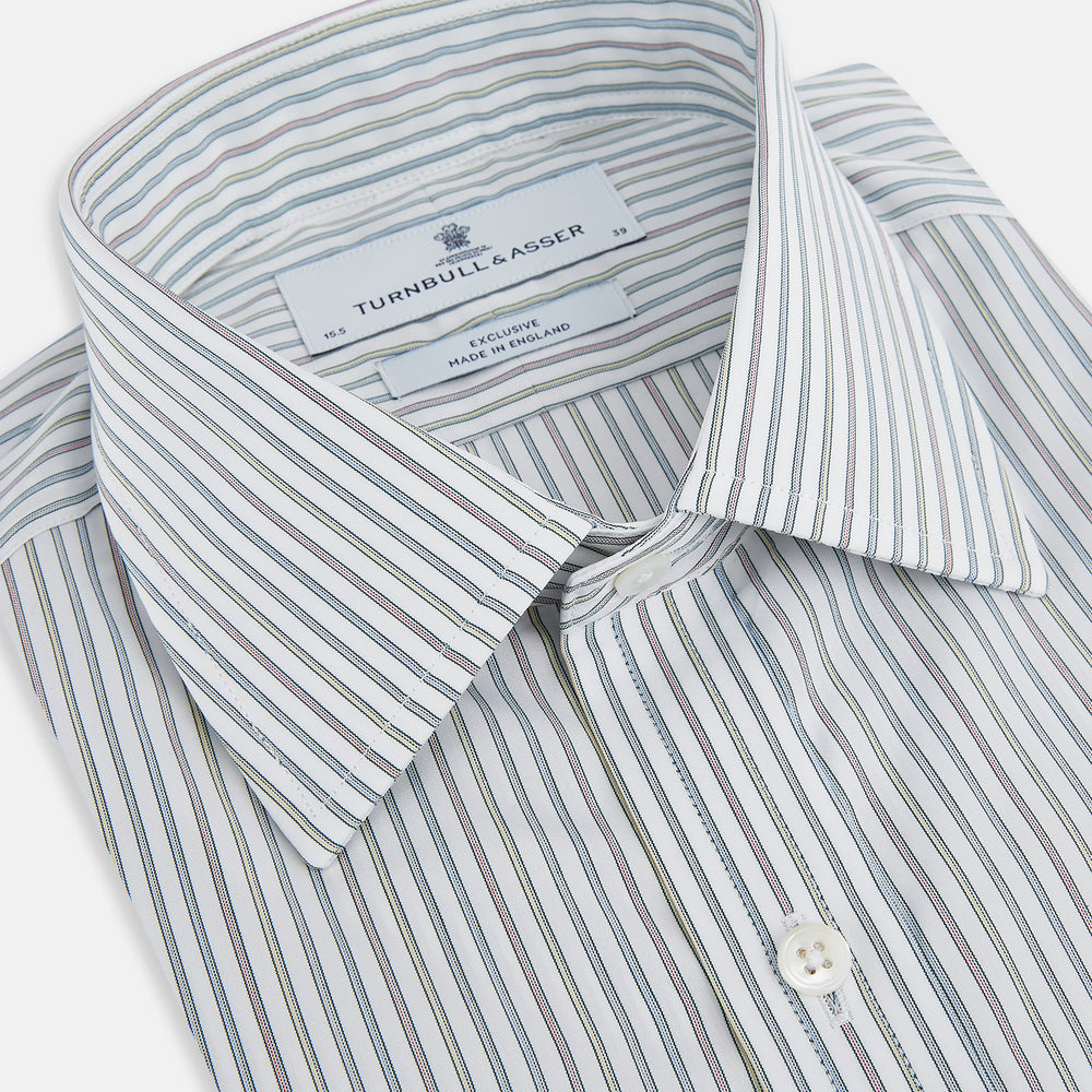 A Forest Green with Multicoloured Music Stripe Mayfair Shirt by Turnbull & Asser, featuring long sleeves, a signature T&A collar, and buttoned cuffs, laid flat on a white background.