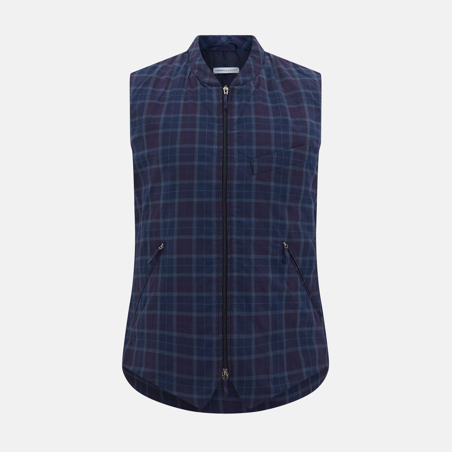 View 1 of product The Turnbull & Asser Navy and Purple Plaid Check Padded Gilet is sleeveless, has a front zipper, two zippered side pockets, a small chest pocket, and is shown on a plain white background.
