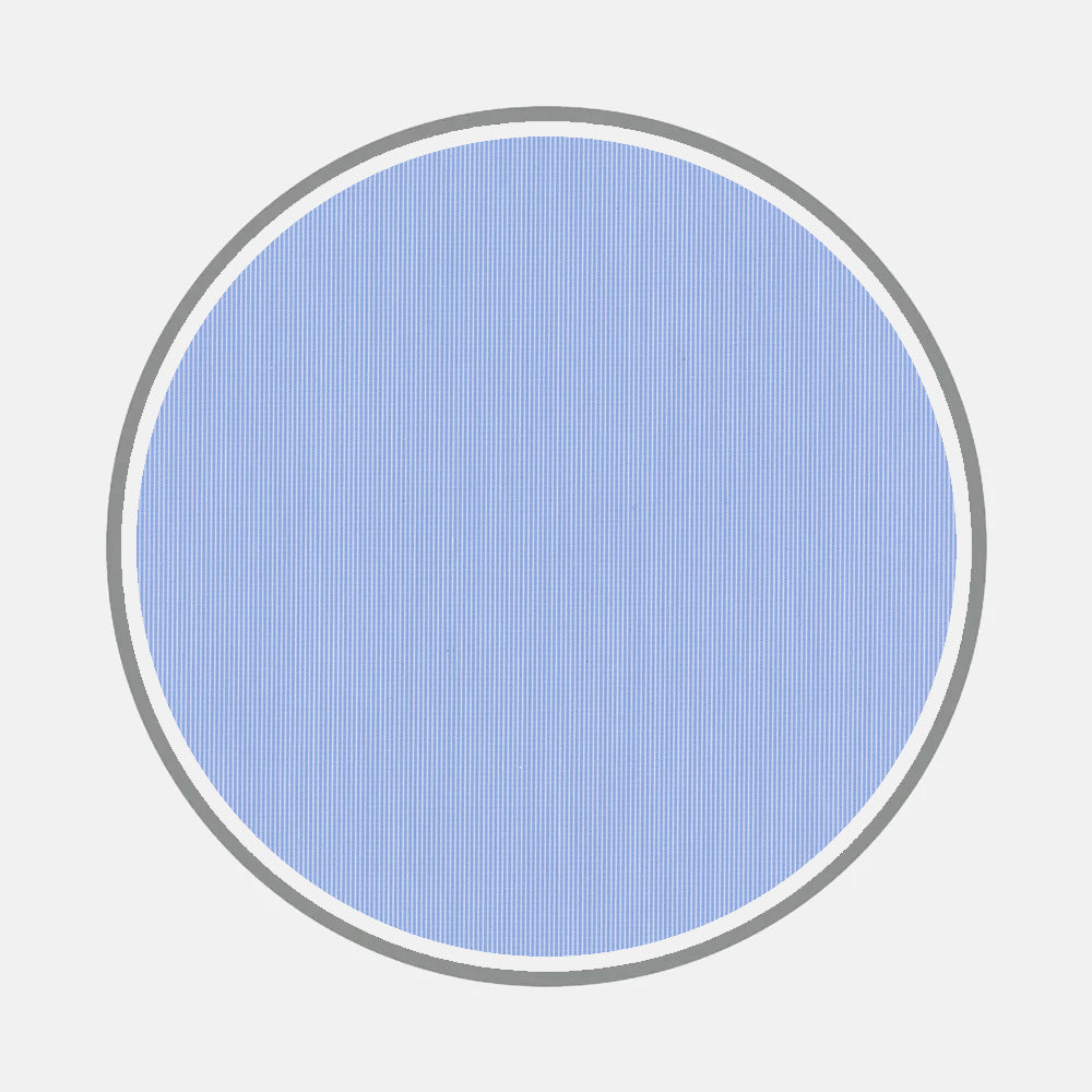 A blue circle with thin vertical white stripes, inspired by bespoke shirt patterns, sits on a light gray background and is bordered in gray, referencing Turnbull & Asser’s Bespoke Fabric 1100 06.
