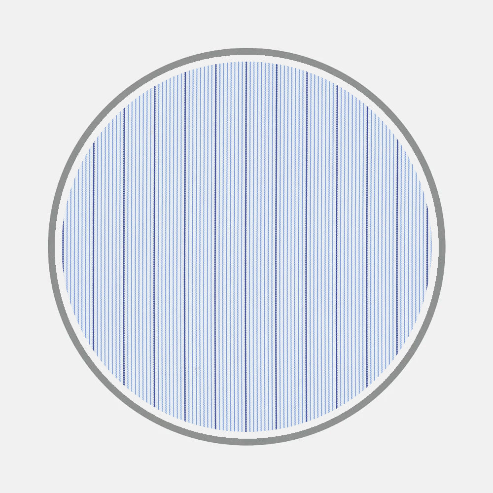 A circular area displays closely spaced vertical blue lines on white, bordered by a gray ring. The pattern, from Turnbull & Asser's Bespoke Fabric 1102 07, evokes classic bespoke shirt designs and timeless monogram styles.