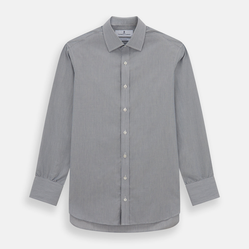 The Blue Fine Stripe Mayfair Shirt by Turnbull & Asser is a long-sleeve button-up with a sharp T&A collar and blue fine stripes, shown flat on a white background.