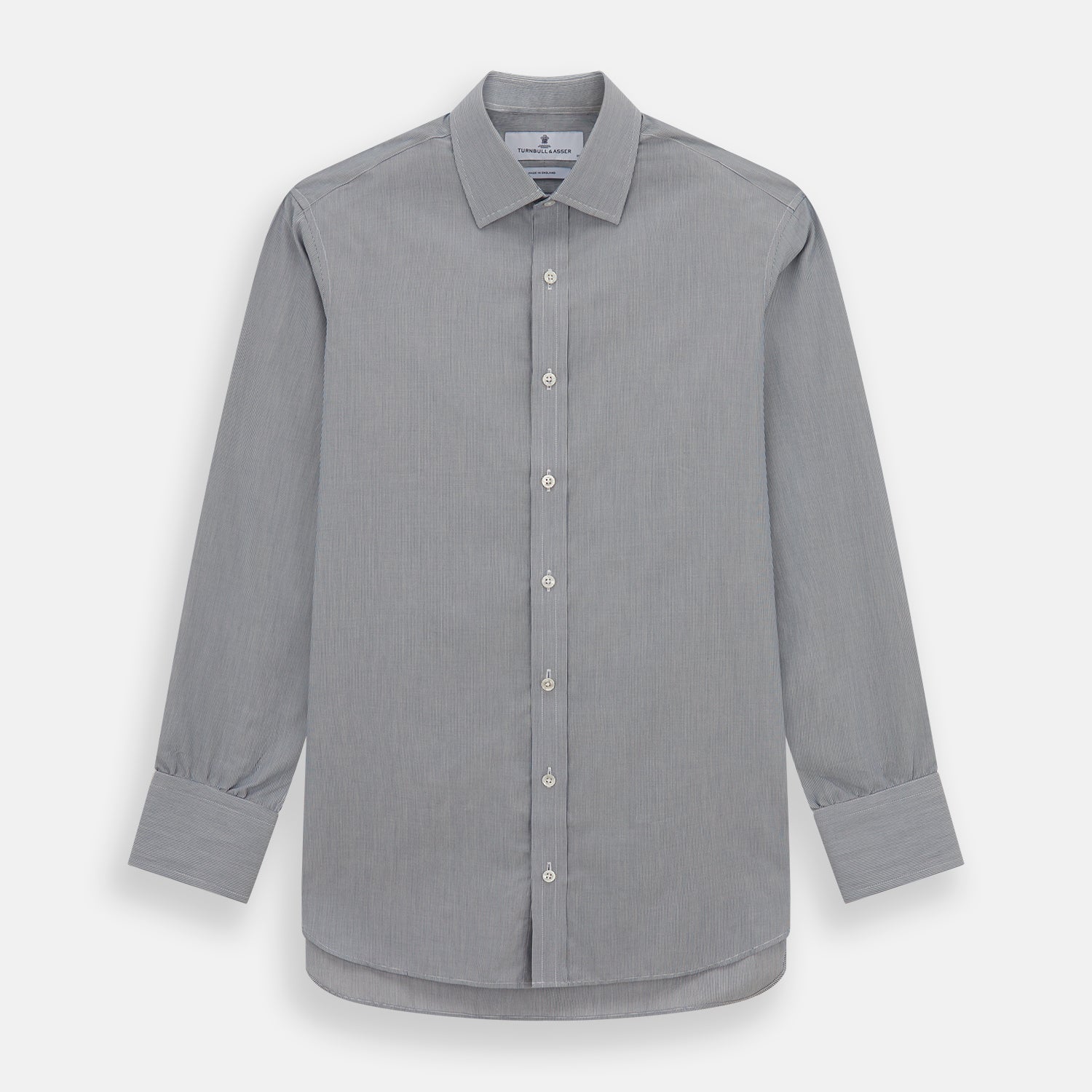 View 2 of product The Blue Fine Stripe Mayfair Shirt by Turnbull & Asser is a long-sleeve button-up with a sharp T&A collar and blue fine stripes, shown flat on a white background.