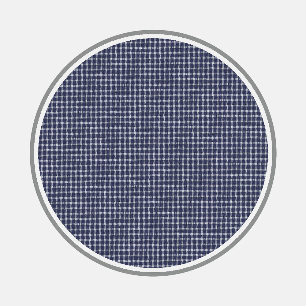 Turnbull & Asser's Bespoke Fabric 1111 05 showcases a navy and white small checkered grid in a circular pattern, bordered by a thin gray ring, all set on a plain light gray background.