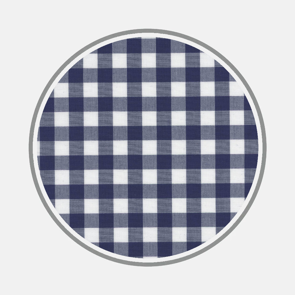 Bespoke Fabric 1112 05 by Turnbull & Asser is a circular design with a navy blue and white gingham pattern, bordered by a thin gray outline on a light gray background.