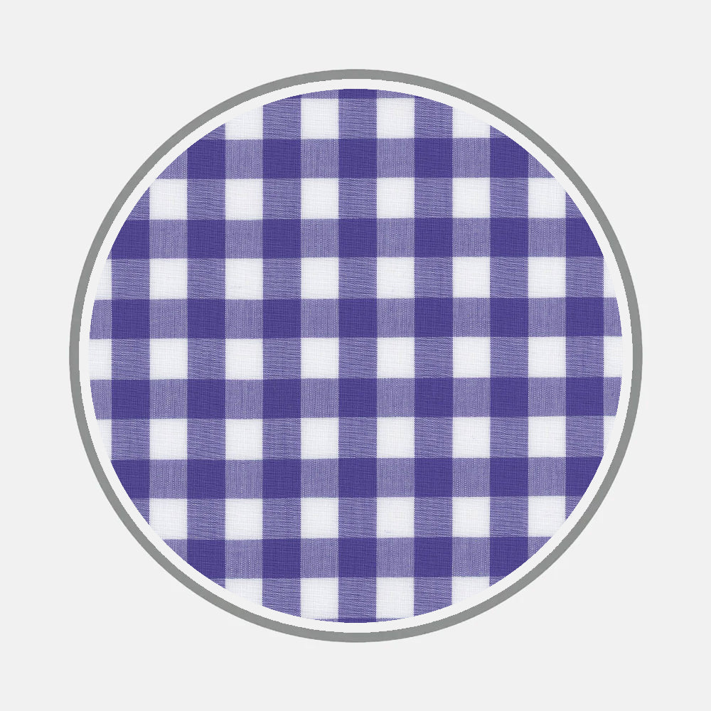 A round image of Bespoke Fabric 1112 32 by Turnbull & Asser, featuring a classic blue and white gingham check, bordered by a thin gray circle on a light gray background—ideal for custom shirt selection.