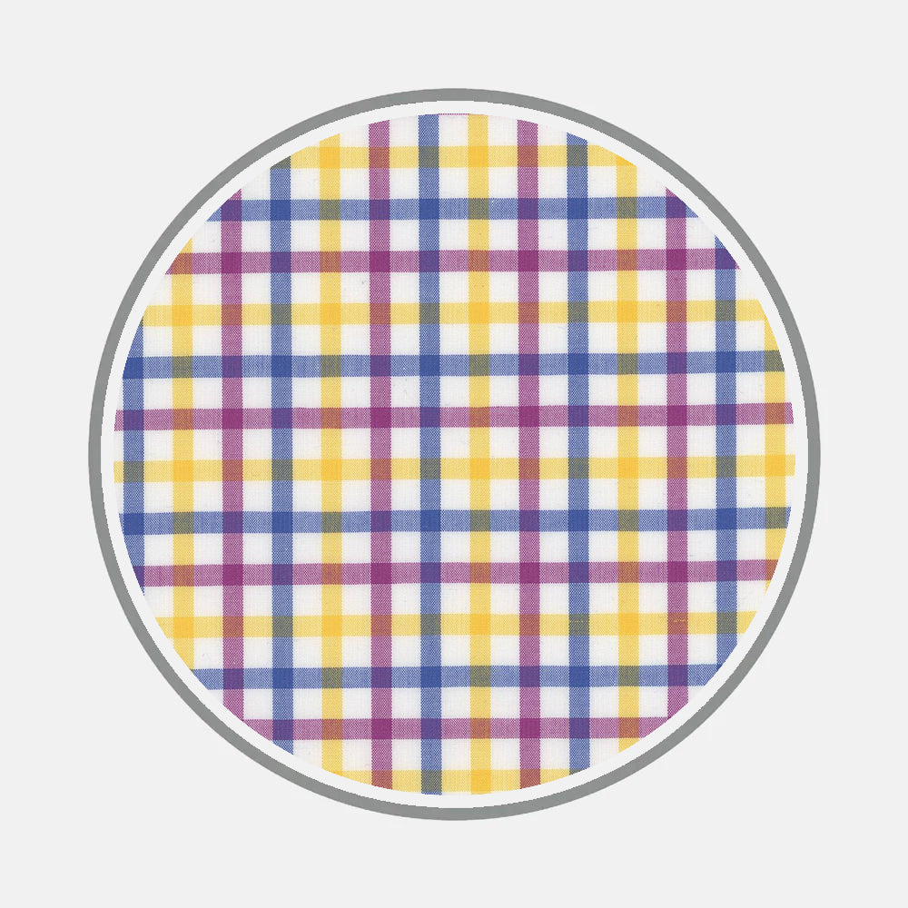 Bespoke Fabric 1117 35 by Turnbull & Asser features a circular plaid of yellow, blue, and magenta on white with a gray border—ideal inspiration for bespoke or custom shirts.