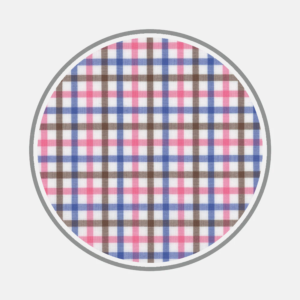 A circular swatch shows Turnbull & Asser's Bespoke Fabric 1117 37—a plaid of blue, pink, brown, and white on light background with a gray border—ideal inspiration for custom shirts or exploring unique monogram styles.