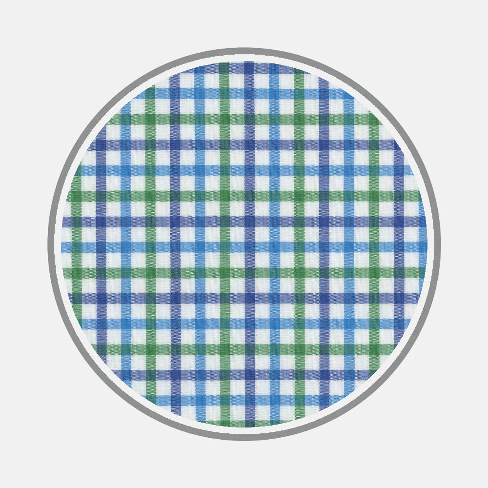 Turnbull & Asser's Bespoke Fabric 1117 39 features a circular blue, green, and white checkered plaid design with a thin gray border on a plain white background—ideal for custom shirts.