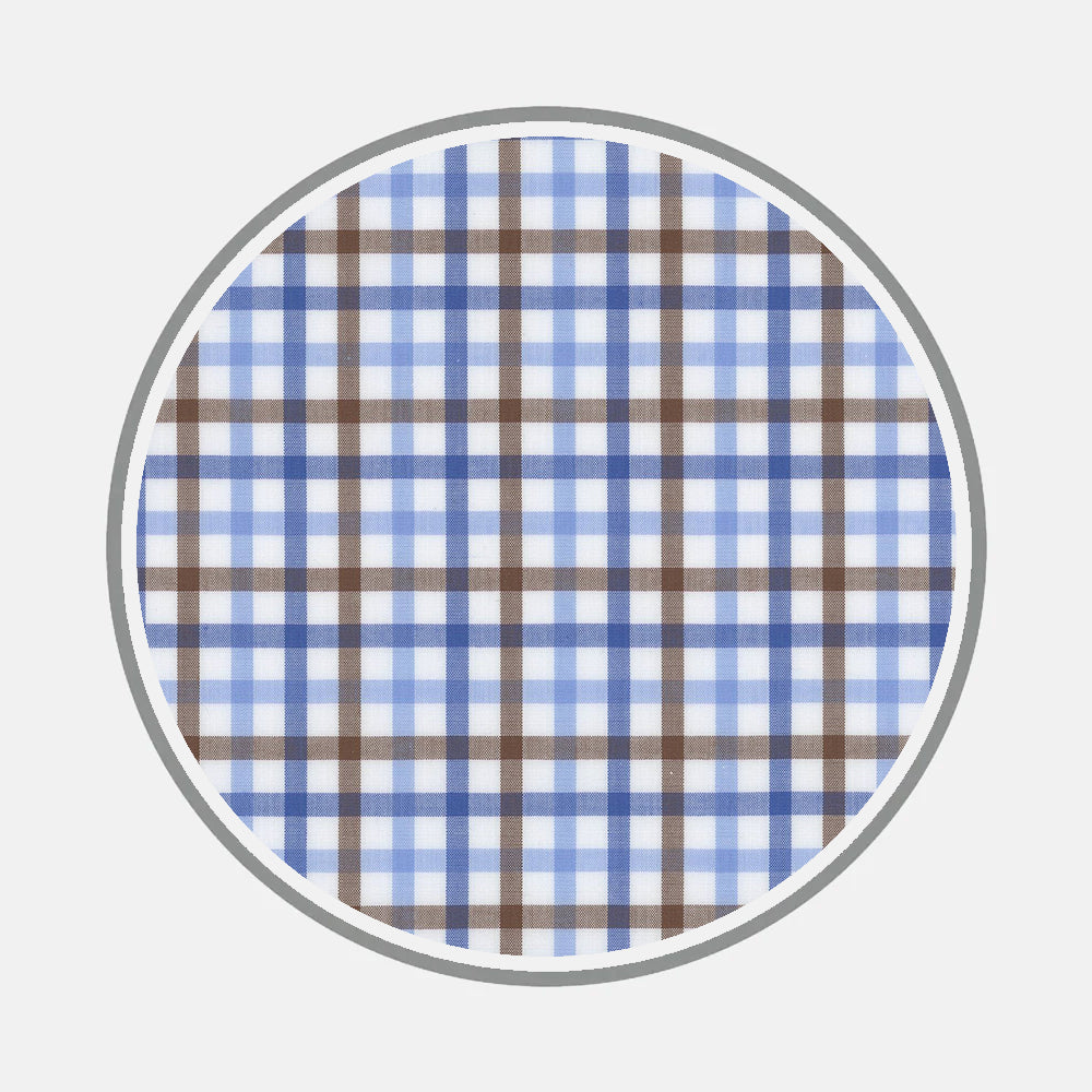 Bespoke Fabric 1117 43 by Turnbull & Asser displays a circular plaid pattern of intersecting blue, brown, and white lines—evoking custom shirt fabrics—with a gray border on a light gray background.