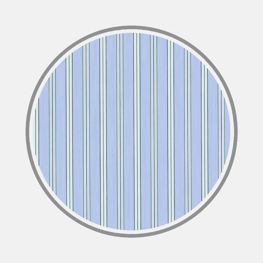 Bespoke Fabric 1132 32 by Turnbull & Asser features a circular pattern with vertical blue, white, and green stripes bordered in gray on a light gray background—ideal for custom shirts or unique monogram designs.