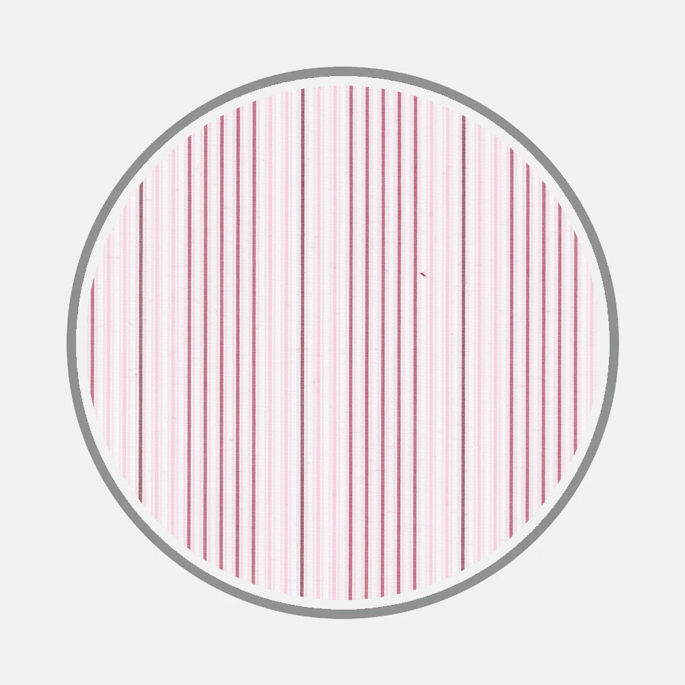 Bespoke Fabric 1133 37 by Turnbull & Asser features a gray-outlined circle with vertical pink and red lines of varying thickness on white, resembling a barcode—ideal inspiration for custom shirts or artistic monograms.