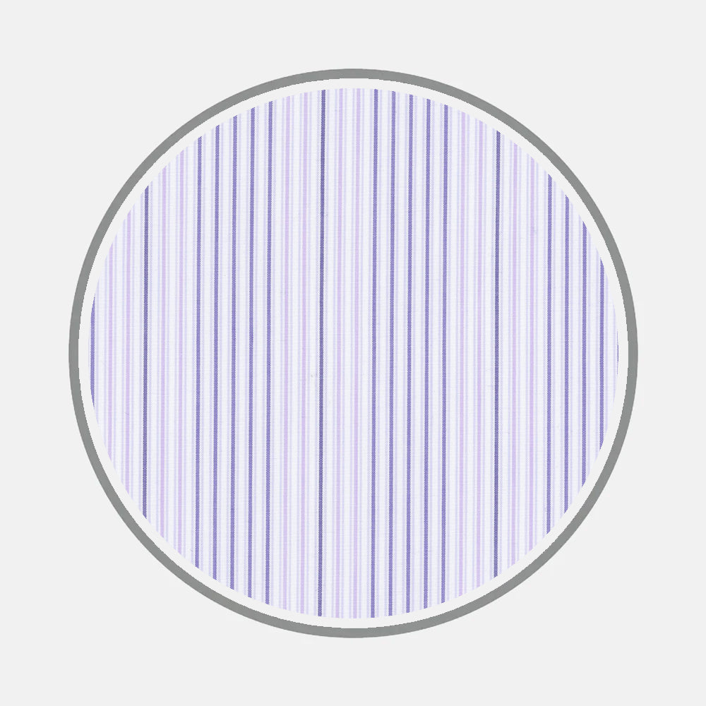 A circular image features evenly spaced vertical blue and purple lines on white, encircled by a gray border—reflecting the refined style of Turnbull & Asser's Bespoke Fabric 1133 38.