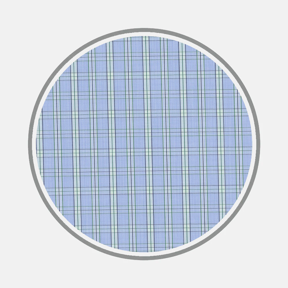 A circular image displays Turnbull & Asser's Bespoke Fabric 1134 32—a blue and light gray plaid with intersecting lines, bordered by a thin gray outline on white—ideal for showcasing custom shirt designs.