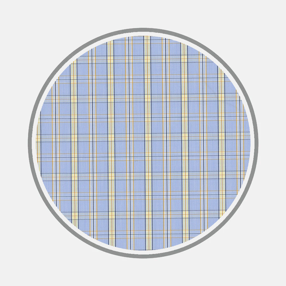 Bespoke Fabric 1134 35 by Turnbull & Asser features a circular swatch of plaid with blue, yellow, and gray lines on a light background—ideal for custom shirts or monogram style explorations.