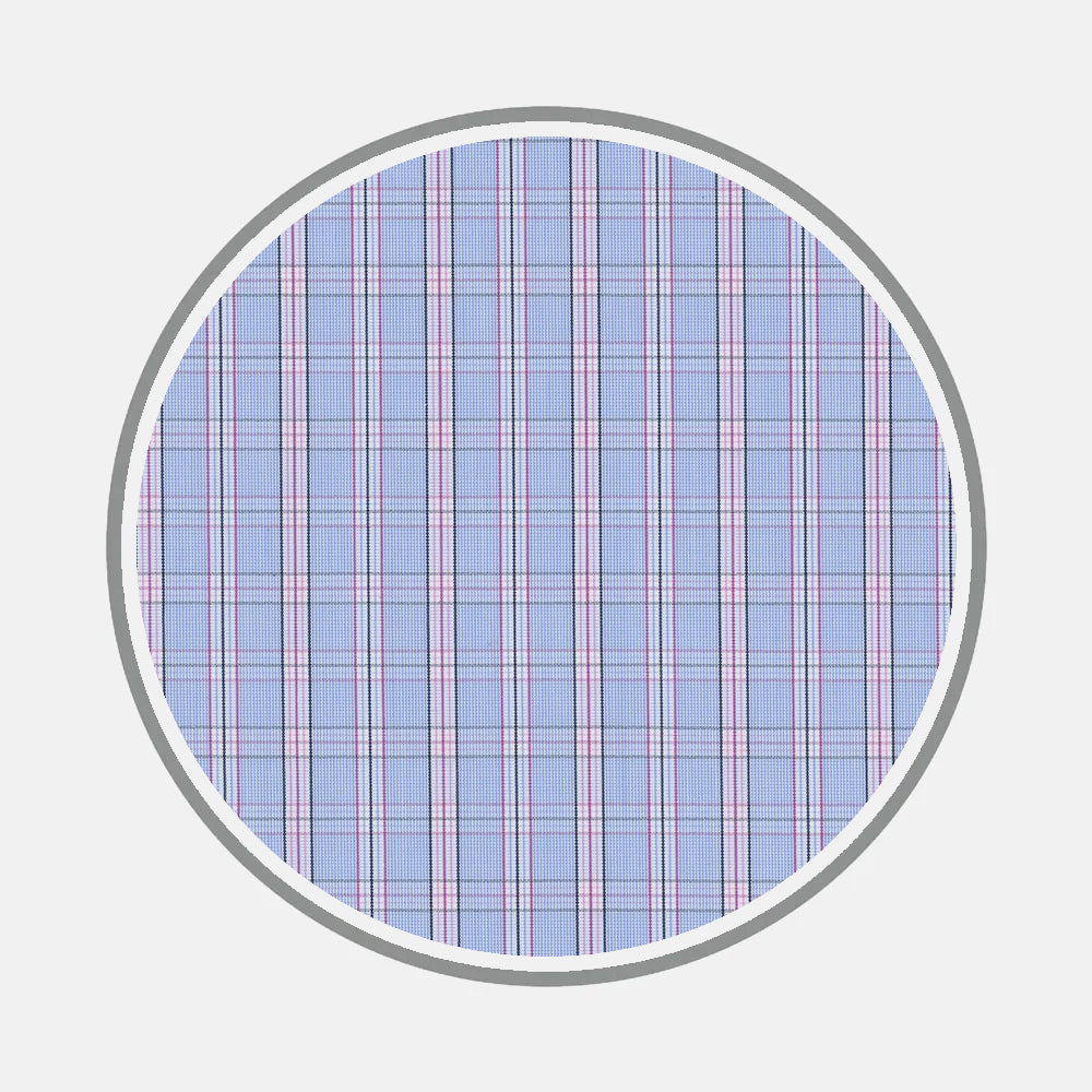 Bespoke Fabric 1134 37 by Turnbull & Asser features a circular grid with blue, purple, and pink intersecting lines on a light ground and gray border—evoking plaid from above, ideal for unique shirts or monogram inspiration.