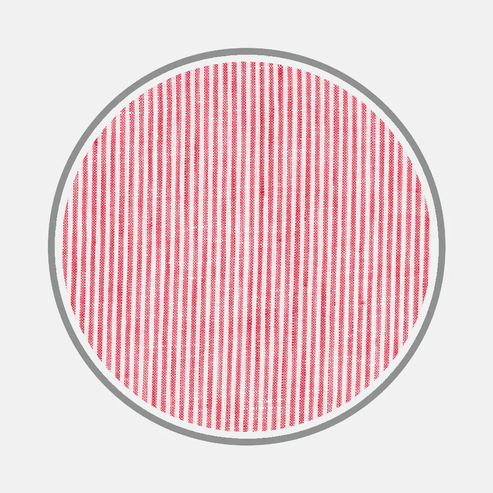A circle with a grey outline, filled with evenly spaced, vertical red and white stripes inspired by Turnbull & Asser's Bespoke Fabric 1138 08, set on a plain white background.