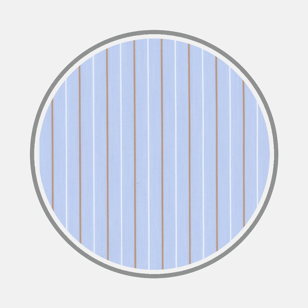 Turnbull & Asser’s Bespoke Fabric 1143 45 features a circular design with vertical blue and white stripes, light gray border, and thin brown accents—evoking the elegance of custom shirt fabrics.