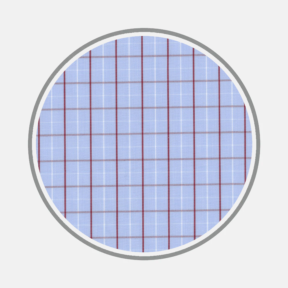 The Turnbull & Asser Bespoke Fabric 1144 48 features a circular blue and white plaid with thin red and dark blue lines, bordered in gray on a light gray background, reminiscent of custom shirt fabrics.