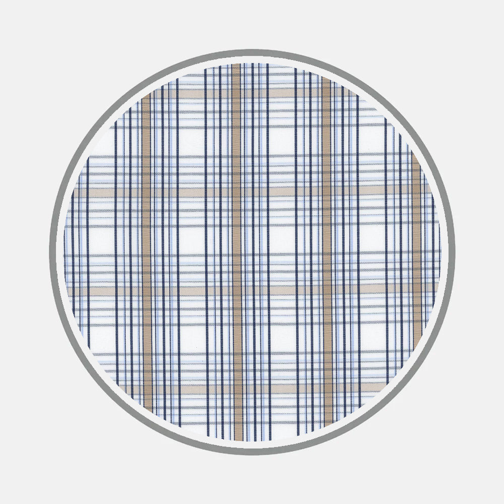 A circular swatch of Turnbull & Asser's Bespoke Fabric 1150 45 features intersecting blue, beige, and gray plaid on white with a gray border—ideal for custom shirts or selecting bespoke monogram styles.